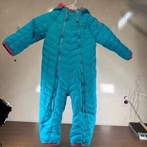 Snozu Toddler Snowsuit 24M Teal Pink Faux Fur Fleece Lined Winter One Piece VGC